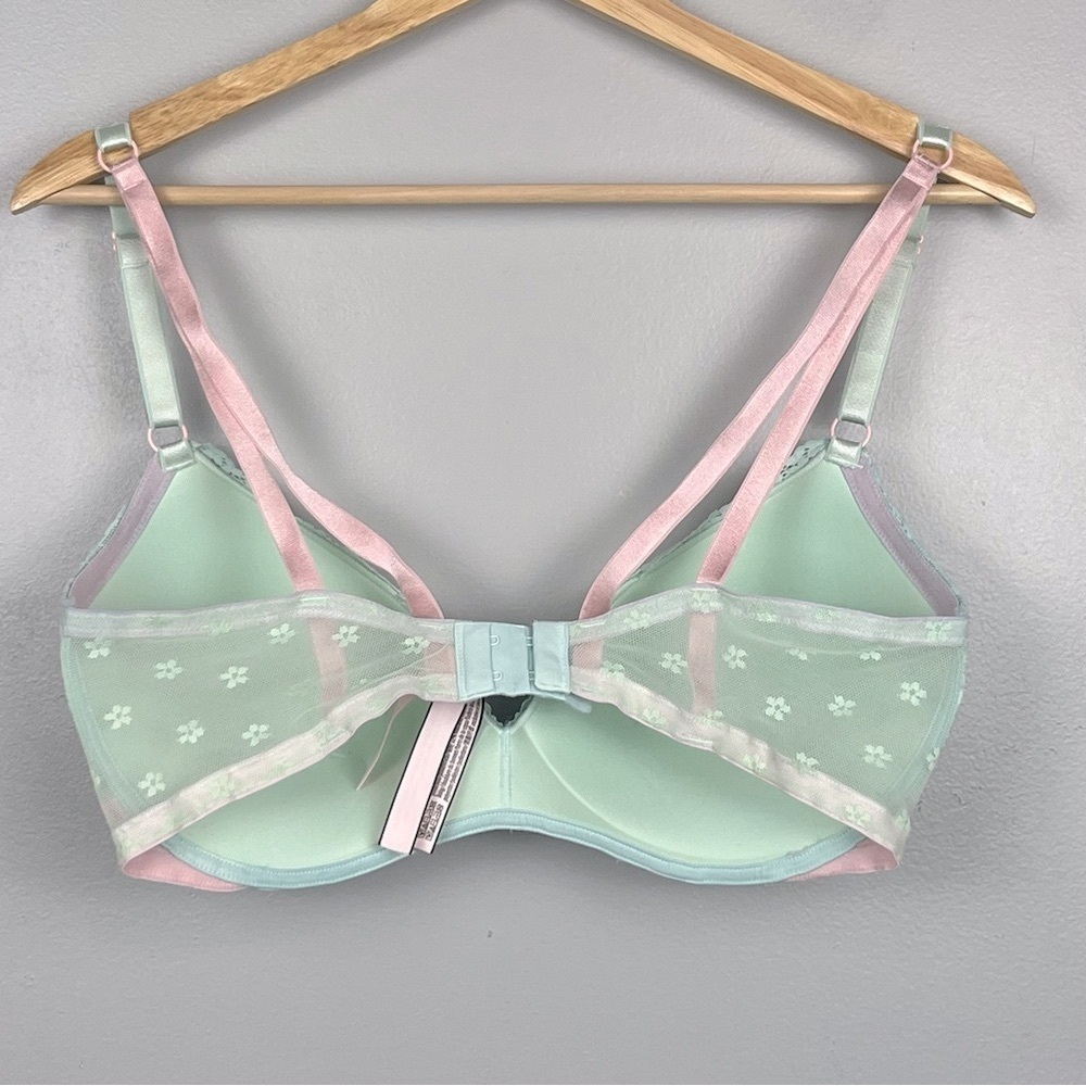 Victoria’s Secret green & pink floral mesh lace overlay padded no wire bra, 38D. - Picture 2 of 8